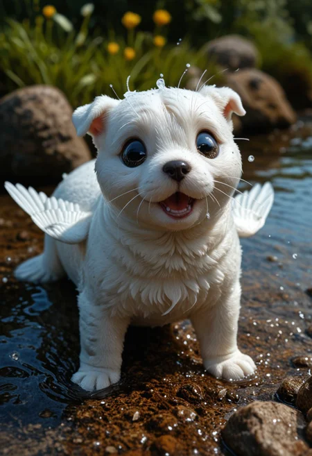 "Seal Pupigeon" - A Puppy with a Magical Twist
This adorable hybrid is primarily a puppy, with irresistible features enhanced by the charm of a seal and a pigeon. Its fluffy, velvety fur is mostly creamy white with golden and gray undertones, giving it a soft, seal-like sheen. Its big, soulful puppy eyes glisten with curiosity and playfulness, framed by faint lashes that amplify its cuteness.
The rounded head sports subtle pigeon feather tufts, blending seamlessly with its floppy puppy ears. A tiny, wet nose and a slightly open mouth reveal its playful, puppy-like demeanor. Its small, sturdy body is accented by short, flipper-like paws and folded pigeon wings that nestle softly against its fur, adding a whimsical, fantastical touch.
The scene is a sunny meadow by a coastal tide pool, where the puppy hybrid wags its stubby tail and gazes at the shimmering water. Vibrant wildflowers and smooth pebbles surround it, while sunlight highlights every detail of its glossy coat and delicate features. This photorealistic creation captures the magical essence of a puppy reimagined with a hint of fantasy.
Keywords/Tags: Hyper-Realistic, Hybrid Animal, Puppy-Bunny-Squirrel, Adorable, Fluffy, Photorealism, Nature, Whimsical, Magical Creature, Realistic Fantasy, Innocent and Playful.