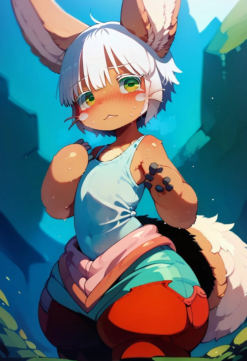 score_9,score_8_up,score_7_up,
1girl, nanachi, \(made in abyss\)/,(ultra HD quality details), green eyes, white hair, furry, animal ears, tail, sidelocks
short hair, animal ears,
puffy pants,
solo, outdoors, depth of field, blushing, on a date, beautiful, skin tight, tank top, short shorts, sweat,