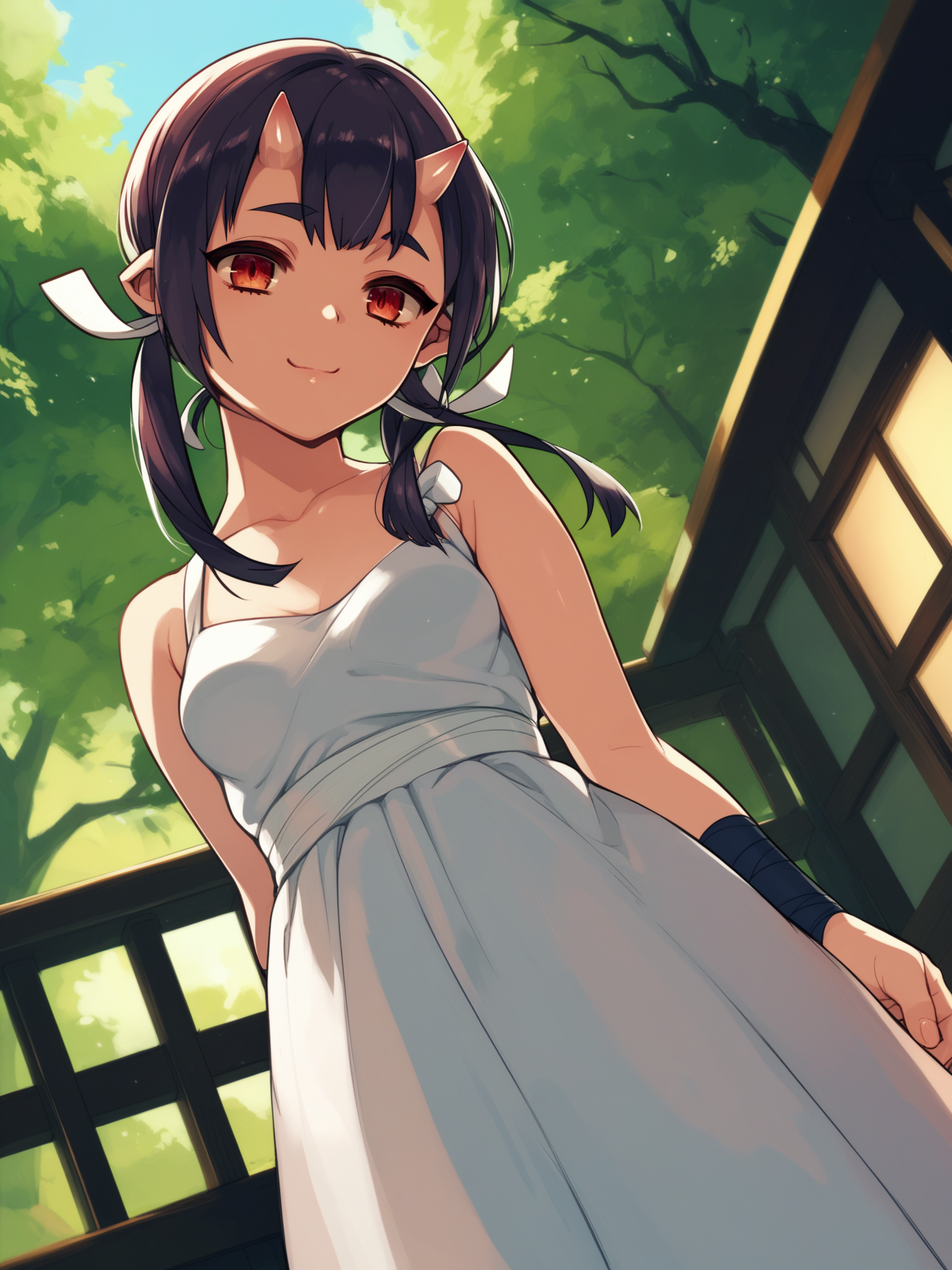 <lora:happy_tentacle-momiji-v0.1-000024:1>, ht_momiji, hair ribbon, small breasts, dress, formal , outdoors 1girl, solo, , , ( seductive smile :1.2), , looking away , , from below , score_9, score_8_up, score_7_up, score_6_up, score_5_up, score_4_up