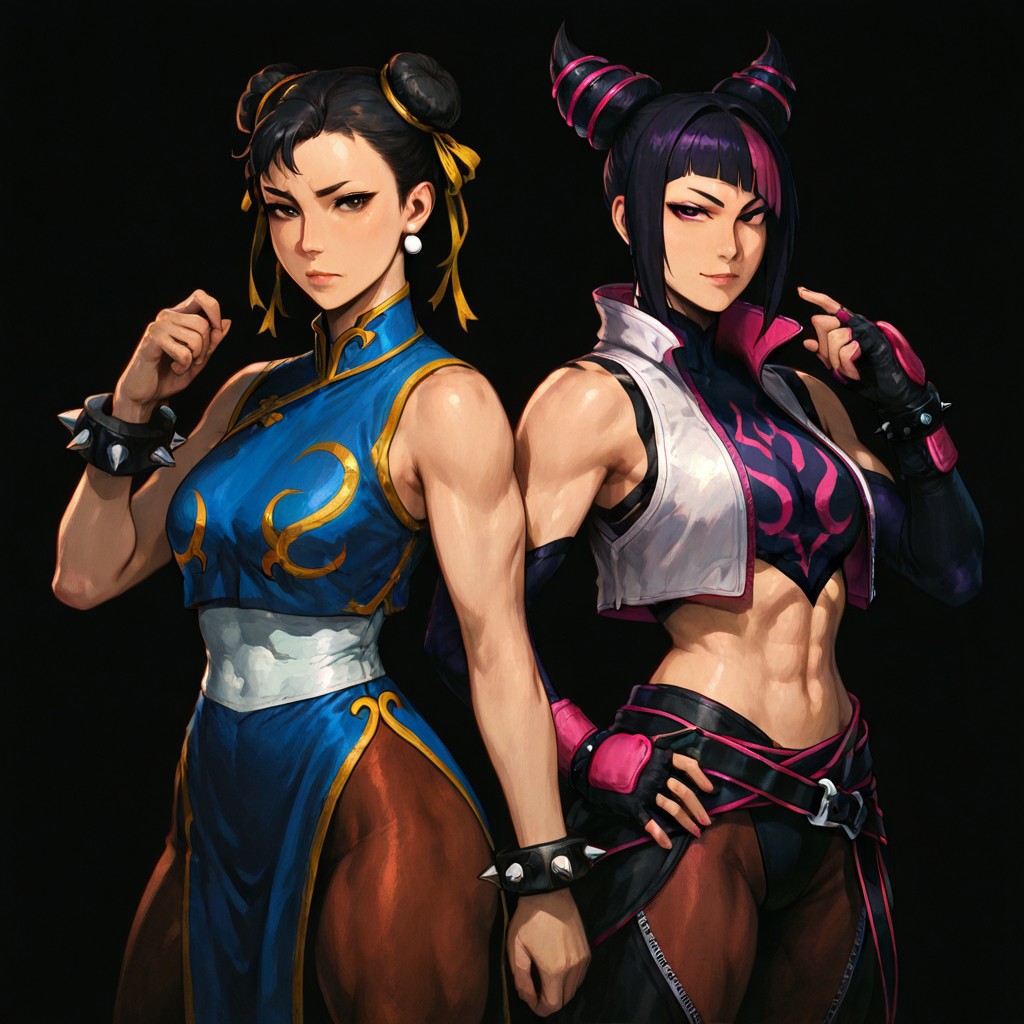 masterpiece, best quality, newest, absurdres, highres, 
SDPV1.0, Duo, duo focus, simple background, black background,
2girls, 
chun-li, black hair, blue dress, bracelet, brown pantyhose, china dress, chinese clothes, double bun, hair bun, spiked bracelet, spikes,
han_juri, crop top, fingerless gloves, black hair, purple hair, two-tone hair, bare shoulders, white vest,
