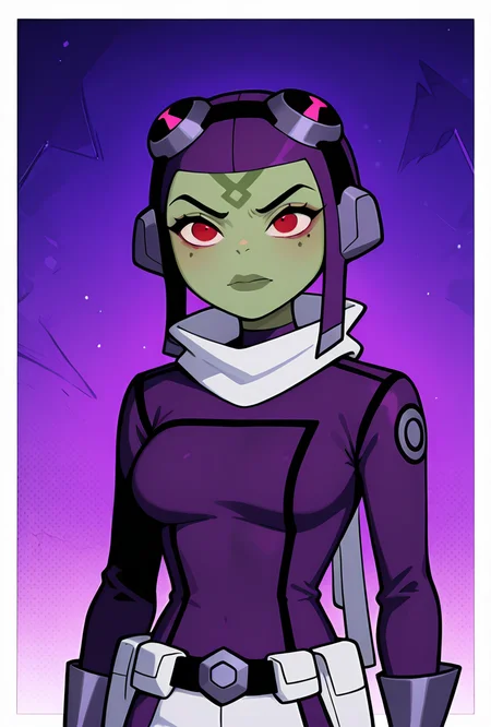 <lora:attea-07:1>, attea, green skin, 1girl, red eyes, goggles, short hair, purple hair, white scarf, purple bodysuit, purple helmet, white pants, grey gloves, masterpiece, best quality, amazing quality, very aesthetic, absurdres, newest,, upper body, halftone effect, white borders, abstract background:1.2,