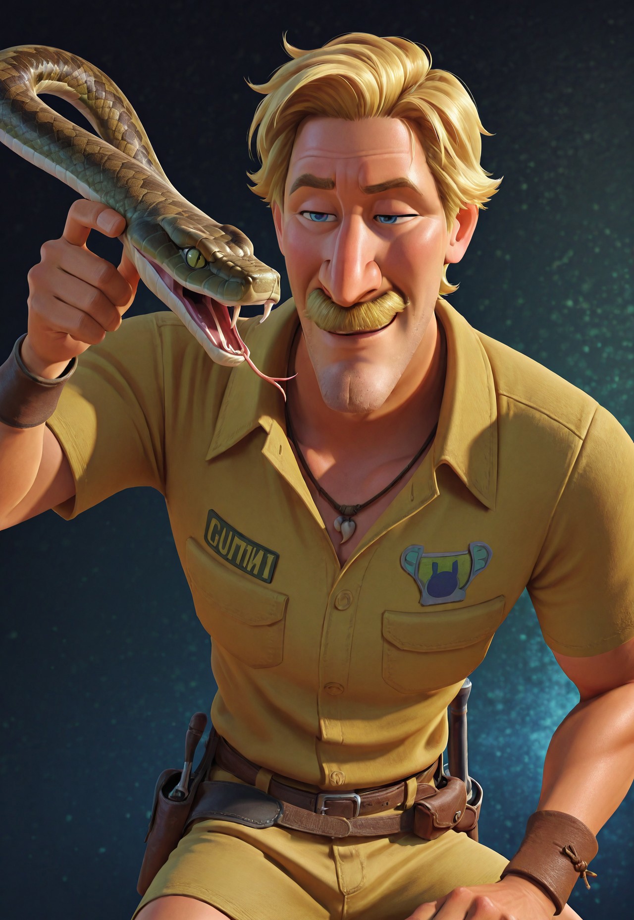 masterpiece, best quality, amazing quality, detailed background, intricate details, dynamic, cinematic, animated, anime realistic shading, solo, male focus, 1boy, handsome, ch4z, blond hair, blue eyes, thick moustache, stubble, necklace, beige zoo uniform, beige shorts, utility belt, leather wristband, dark green socks, brown boots, smirk, snake, holding, presenting snake, abstract background, dutch angle