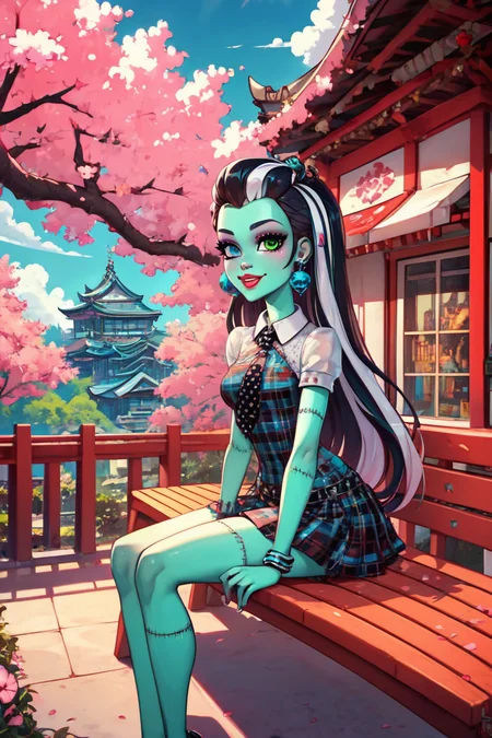 score_9, score_8_up, score_8, medium breasts, (curvy), cute, eyelashes, BREAK, , zzFrankie, heterochromia, blue eyes, green eyes, multicolored hair, aqua skin, streaked hair, black hair, white hair, long hair, stitches, jewelry, earrings, makeup, lipstick, plaid dress, skirt, bracelet, <lora:Frankie_MH_PDXL:1.0>, , BREAK, sitting on bench, side view, smile, looking at viewer, cowboy shot, ,,, BREAK, pnkBldng, sky, day, cloud, tree, blue sky, building, architecture, east asian architecture, ,,, BREAK, embedding:zPDXL, Expressiveh, ,,, <lora:PinkBuildingsPDXL_v2:0.6>, <lora:SDXLFaeTastic2400:0.5>, <lora:Expressive_H-000001:0.4>