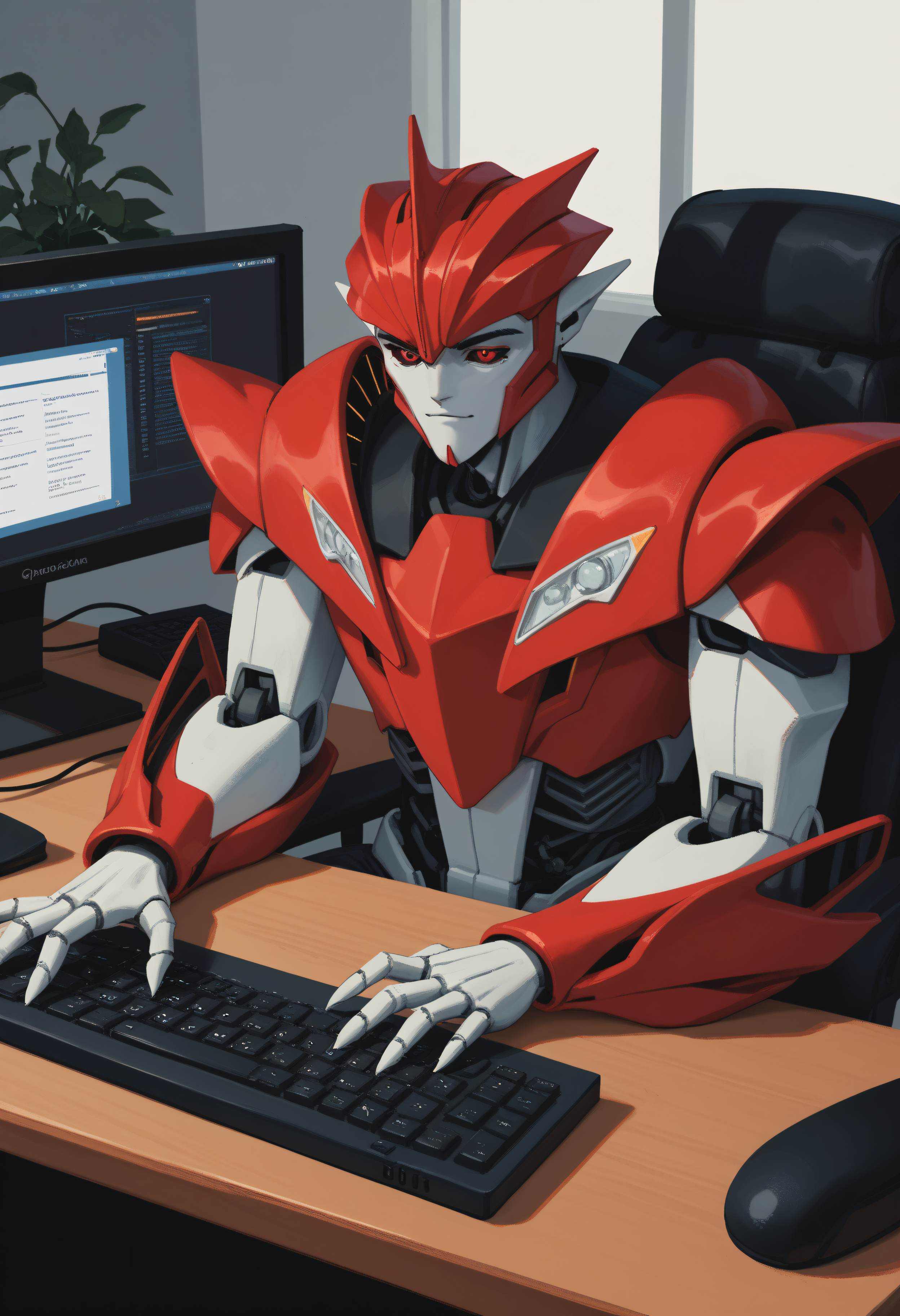 score_9, score_8_up, score_7_up, score_6_up, score_5_up, score_4_up, BREAK, knockoutpdxl, robot, mecha, red eyes, black sclera, 1boy, solo, sitting, using computer, keyboard, desk, <lora:KnockOut:0.7>