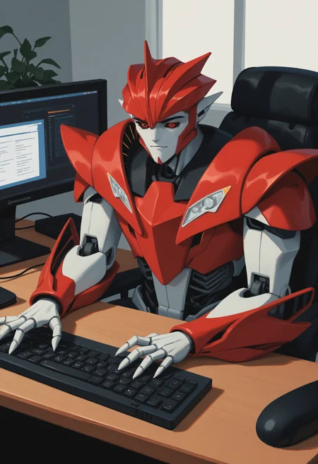 score_9, score_8_up, score_7_up, score_6_up, score_5_up, score_4_up, BREAK, knockoutpdxl, robot, mecha, red eyes, black sclera, 1boy, solo, sitting, using computer, keyboard, desk, <lora:KnockOut:0.7>