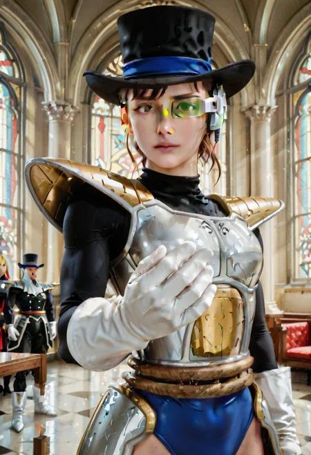 realism, 
framing device, rule of third, negative space, detailed. 
dhmis,
dynamic pose, foreshortening, extreme perspective
cinematic concept art of 
1 adult man, 
upper body focus, upper body zoom,
(The Phantom of the Opera style,), ((part of face) is covered in white mask),
wears blacktop hat, 
 wearing
white saiyan armor, shoulder pads, blue leotard,,  white gloves,, scouter,, white boots,, hip armor,, tailbelt,
facing the viewer, 
puppet,
backdrop is stained glass, church, arch,