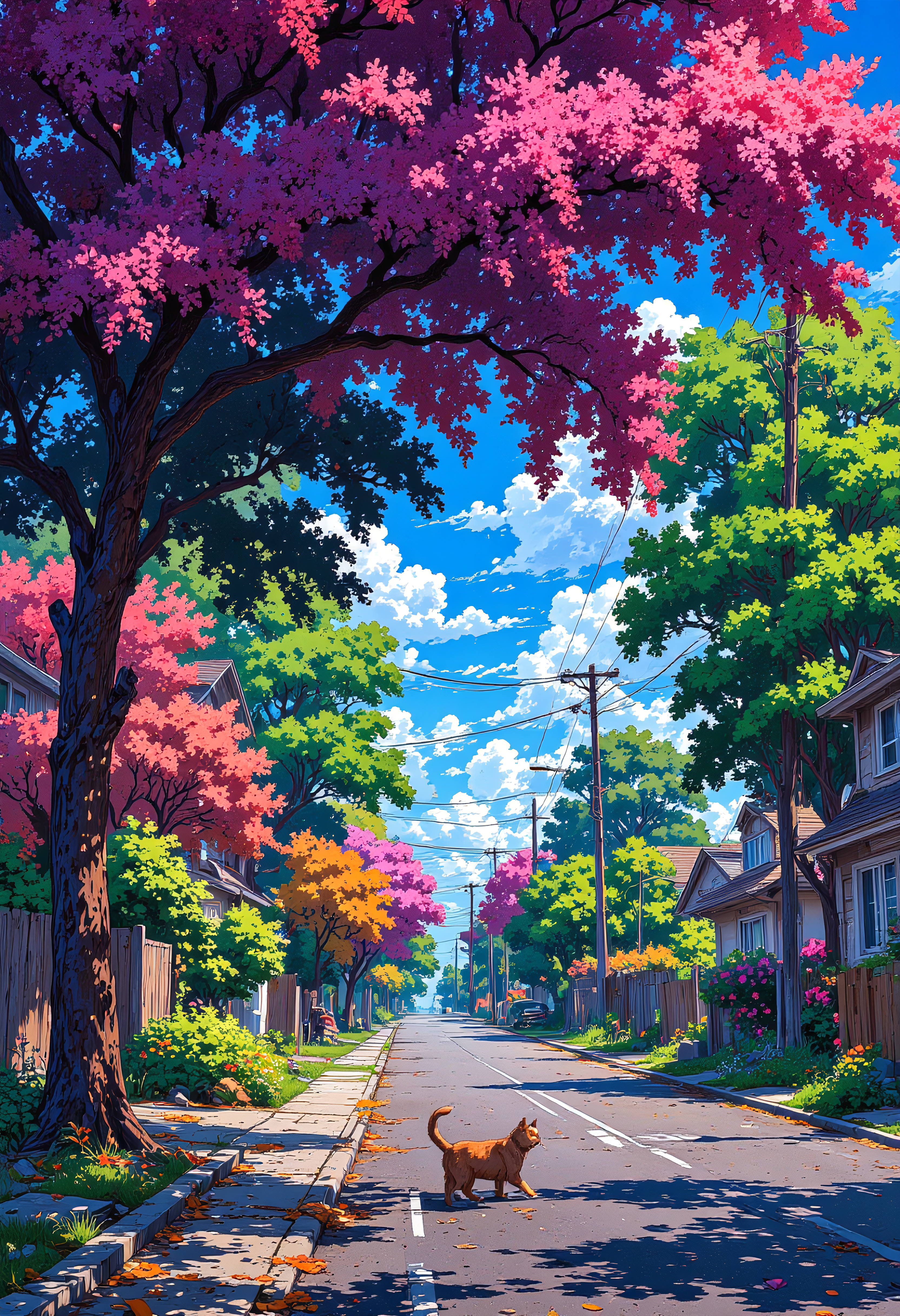 Suburban dreams, colorful, A cat with tail up running down the street, vibrant glow