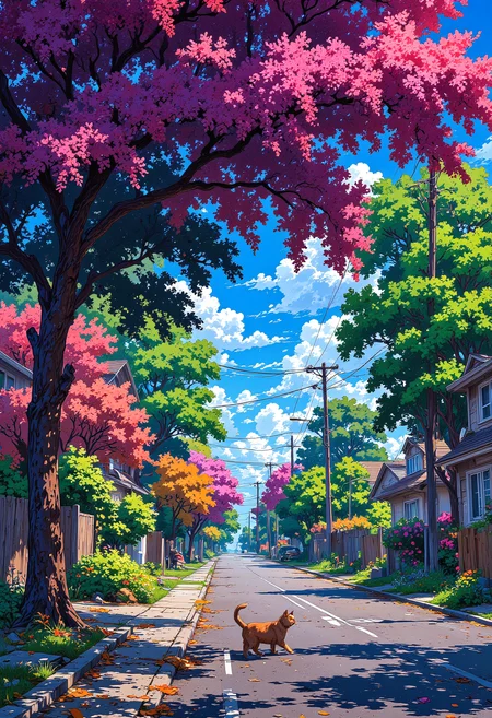 Suburban dreams, colorful, A cat with tail up running down the street, vibrant glow