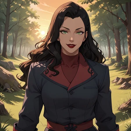 score_9, score_8, BREAK, AsamiSato, long hair, black hair, green eyes, red lips, jacket, skirt, high boots, sexy pose, self portrait, smile, outdoors, sunlight, shadows, evening lighting, natural lighting, forest, trees, grass, orange sky, sunset