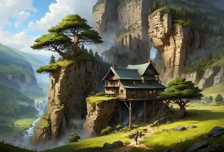 Pine tree plantations grow along cliff edge over looking a sheer drop into a bottomless gorge. A small farmhouse sits in the cliff face and produces smoke from a chimney. There are workers in the fields. There are huge copses of pine trees. Scattered ruins surround free standing glowing crystals, (Highest quality:1.0),(High resolution:1.0), (masterpiece:1.0), (overview:0.6), beautiful and aesthetic:1.3), extreme detailed, colorful, highest detailed,((ultra-detailed)),(highly detailed CG illustration),((Gloomy and Dark Atmosphere)),,