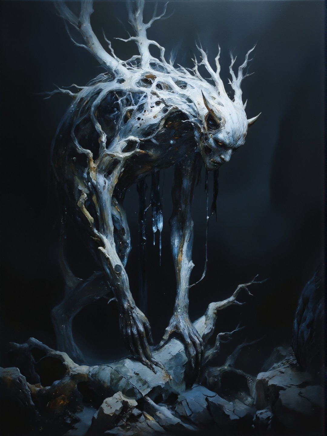 Magic Realsim <lora:AS_3:0.6>, full body view, Taiwanese, fire theme, white-toned photo of a tree demon walking in a dark mysterious forest, intricate white and indigo and black organic details, damaged, foggy, very detailed. <lora:flux.1_lora_flyway_Epic-detail_v2:0.55> <lora:flux_realism_lora:0.35> <lora:Midjourney_Whisper_Chromaplex_Velvet_Myst_v01:0.25> <lora:Crystality Flux_v1:0.5>