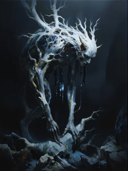 Magic Realsim <lora:AS_3:0.6>, full body view, Taiwanese, fire theme, white-toned photo of a tree demon walking in a dark mysterious forest, intricate white and indigo and black organic details, damaged, foggy, very detailed. <lora:flux.1_lora_flyway_Epic-detail_v2:0.55> <lora:flux_realism_lora:0.35> <lora:Midjourney_Whisper_Chromaplex_Velvet_Myst_v01:0.25> <lora:Crystality Flux_v1:0.5>