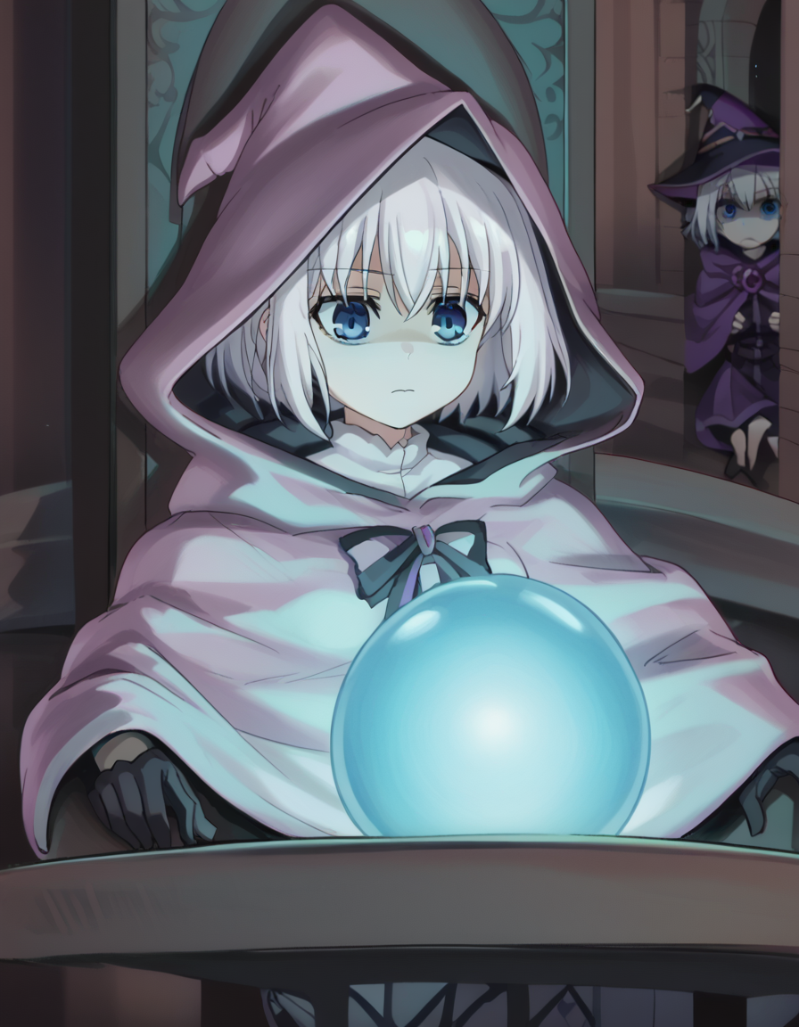 score_9, score_8_up, score_7_up, source_anime, <lora:origami-tobiichi-s1s2-ponyxl-lora-nochekaiser:1>, origami tobiichi, short hair, blue eyes, white hair, medium breasts, anime screencap, <lora:pondering-my-orb-ponyxl-lora-nochekaiser:1>, pondering my orb, sitting, closed mouth, chair, shaded face, hood up, <lora:wizard-ponyxl-lora-nochekaiser:1>, wizard, wizard hat, robe, dress, long sleeves, gloves, solo,