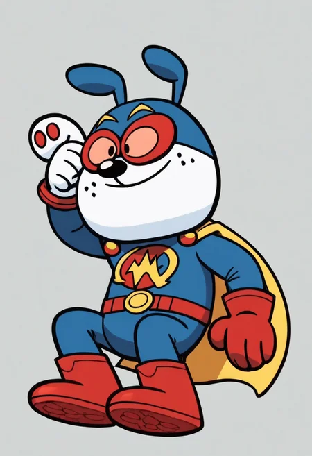 (score_9 | score_8_up | score_7_up) ((masterpiece:1))(best quality,very high quality,ultra detailed:1.2) (2D,cartoon style,anime style)(Smooth:2)(clean blurring) (four fingers on each hand,one thumb on each hand:1), solo, charles, dog, paws, dog paws, black spot on left eye, white, white fue, happy, red blue and yellow super hero costume, blue super hero costume, super hero, red goggles, two side winged headpiece, yellow cape, thick red boots, red glove, 'A' Logo in the middle,