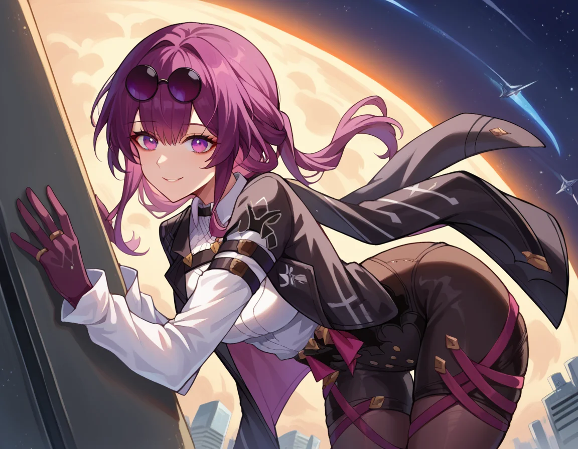score_9, score_8_up, score_7_up, source_anime,
honkaikafka, <lora:honkai-kafka-ponyxl-lora-nochekaiser:1>,
kafka, eyewear on head, round eyewear, purple eyes, purple hair, long hair, smile,
black jacket, gloves, high-waist shorts, jacket, pantyhose, pantyhose under shorts, shirt, shorts, white shirt
outdoors, space, bent over,
looking at viewer, dutch angle, cowboy shot,