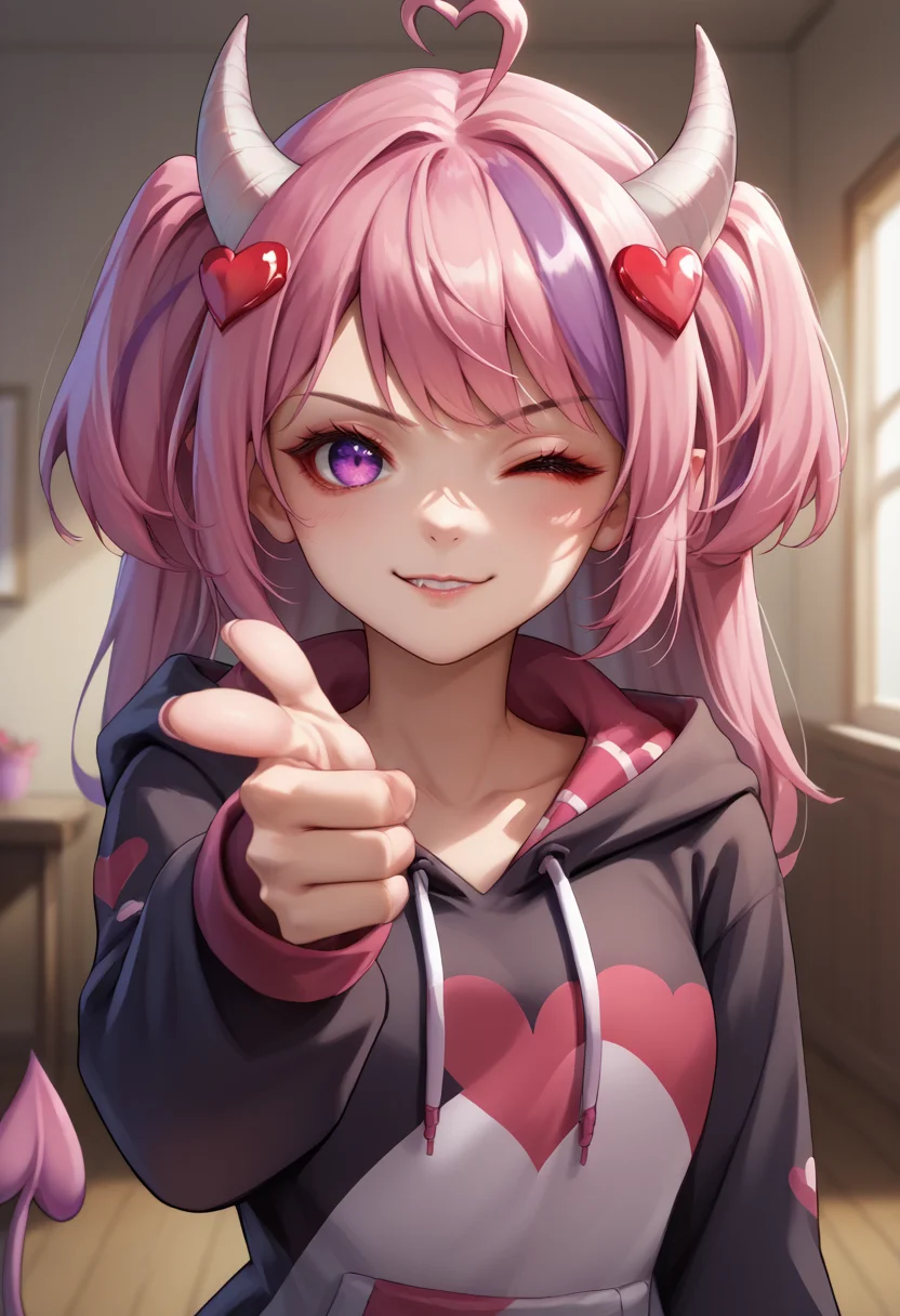 score_9, score_8_up, score_7_up, source_anime, 1girl, finger gun, pointing at viewer, <lora:Fingergun_XLPD:1>, upper body, <lora:Ironmouse_XLPD:0.8>, IronmouseDefS2, purple eyes, demon horns, demon girl, demon tail, demon wings, heart hair ornament, heart ahoge, twintails, bangs, two side up, long hair, hoodie, black hoodie, spoken heart, wink, indoors, heart, valentine's day, seductive smile,