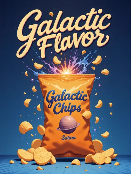 product promo in sem 3d style and flat thic lines, hand-made brushy illustration.
A large orange bag of popato chips that is slightly open showing a nebula only inside the bag, some glowing haze it's happening and chips are flying out of the open bag.
The brand of the bag is "Galactic Chips" and features a saturn planet.
the background is a simple blue gradient background.
In the foreground top of the image an emblazoned script style text with bold font text."Galactic Flavor".
<lora:AnimeStyles:1> in the style of Jed4ni