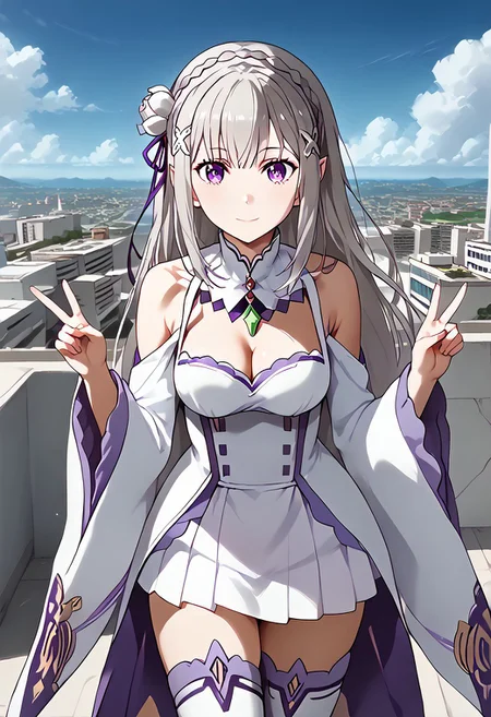 score_9, score_8_up, score_7_up, score_6_up, score_5_up, high-res detailed, masterpiece, ((high_quality)), ((Super_Detailed)), 1girl, shimilia, long hair, grey hair, purple eyes, pointy ears, crown braid, hair flower, hair ribbon, purple ribbon, x hair ornament, white dress, cleavage, bare shoulders, wide sleeves, white thighhighs, thigh boots, emirng, long hair, grey hair, purple eyes, pointy ears, crown braid, braid, white flower, hair flower, hair ribbon, purple ribbon, x hair ornament, anime screencap, anime coloring, hands in peace, smile, detailed futuristic city, futuristic city, good detailed hands