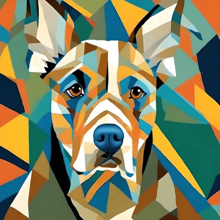 cubsimart, painting, dog, brown eyes,colored background,<lora:CubismArt:1>