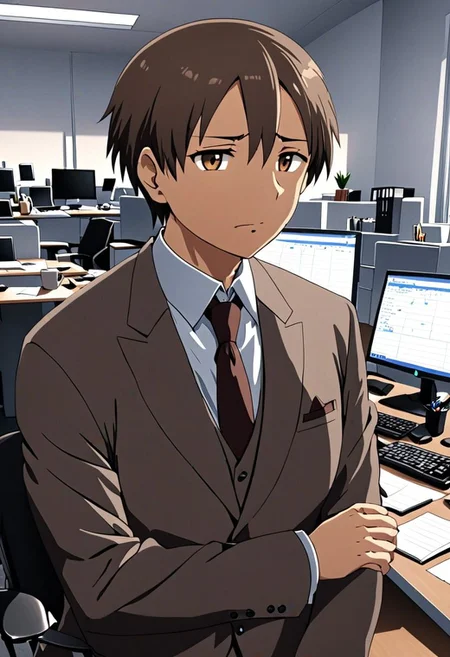 high resolution, solo, best quality, 1Boy, Takaki Toono, Brownish Hair, Brown Eyes, suit, worklife, workspace, OverallDetail