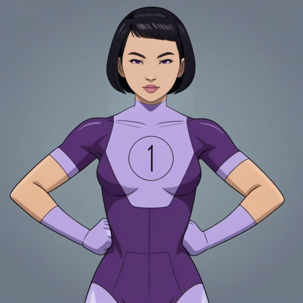cinematic photo DupliKate1024,a full body asian woman wears a purple bodysuit, a number in a circle on the chest, fightingposes  <lora:DupliKate1024:1> . 35mm photograph, film, bokeh, professional, 4k, highly detailed