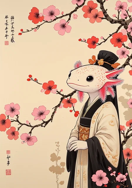 OBguofeng, a traditional chinese scroll painting of an axolotl in elegant Hanfu, standing amidst a blossoming plum orchard in springtime. The blossoms are depicted with delicate brushstrokes, contrasting with the strong lines of her flowing robes. The style should be reminiscent of classical Chinese court painting, with a focus on refined elegance and delicate detail. The ink washes should be subtly varied, creating depth and texture in both the clothing and the blossoms. The overall mood should be one of gentle beauty and quiet contemplation. Include details such as the delicate embroidery the clothing and the gentle breeze rustling through the branches. the axolotl has pink frilly gills and round black eyes<lora:OBå½é£ç»ç»V2.safetensors:1.0:1.0> <lora:Axomodel_Flux_V2.safetensors:0.9:0.9>