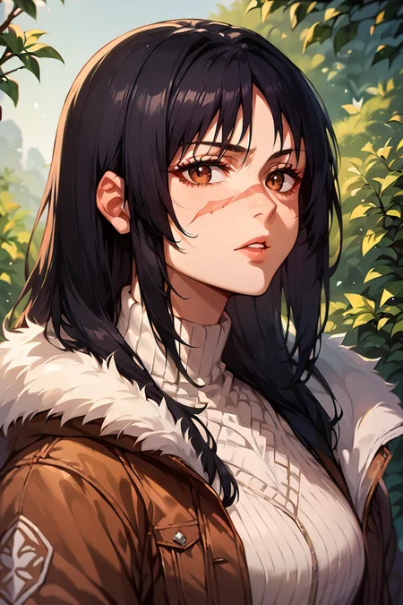 <lora:utahime_iori_jjk_xl:1>, score_9,score_8_up,score_7_up,score_6_up,utahime jjk, 1girl,solo,upper body, scar on face, long hair, brown eyes,black hair,parted lips ,outdoors,Bomber jacket and leggings