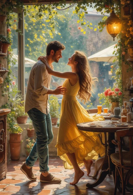 a guy and a girl in an cafe slowly dancing in each other's arms, smiling, bright, sunny, summertime, vivid colors, masterpiece, atmospheric, detailmaximizer
