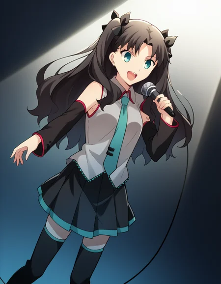 score_9, score_8_up, score_7_up, source_anime, rintohsaka, <lora:rin-tohsaka-ubw-ponyxl-lora-nochekaiser:1>, rin tohsaka, aqua eyes, black hair, hair ribbon, long hair, ribbon, sidelocks, two side up, parted bangs,, <lora:hatsune-miku-cosplay-ponyxl-lora-nochekaiser:1>, hatsunemikucosplay, hatsune miku \(cosplay\), aqua necktie, black footwear, black skirt, black sleeves, boots, collared shirt, detached sleeves, grey shirt, necktie, pleated skirt, shirt, skirt, sleeveless, sleeveless shirt, thigh boots, tie clip,, stage, stage lightings, singing, microphone, holding microphone, open mouth, smile,, cowboy shot, dutch angle,