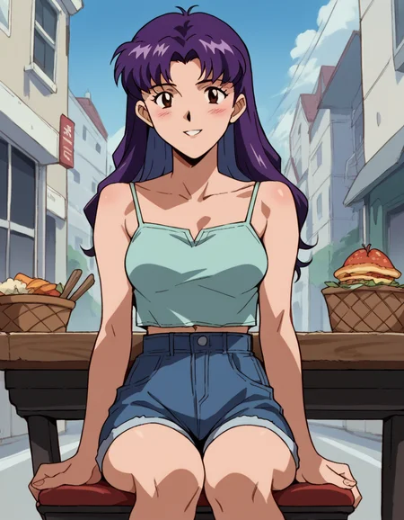 score_9, score_8_up, score_7_up, source_anime, <lora:misato-katsuragi-classic-ponyxl-lora-nochekaiser:1>, misato katsuragi, long hair, brown eyes, purple hair, parted bangs, medium breasts, <lora:high-waist-shorts-ponyxl-lora-nochekaiser:1>, high-waist shorts,, street, outdoors, denim, camisole, midriff, navel, sitting, chair, table, food, smile, parted lips, blush,, cowboy shot, dutch angle, looking at viewer,