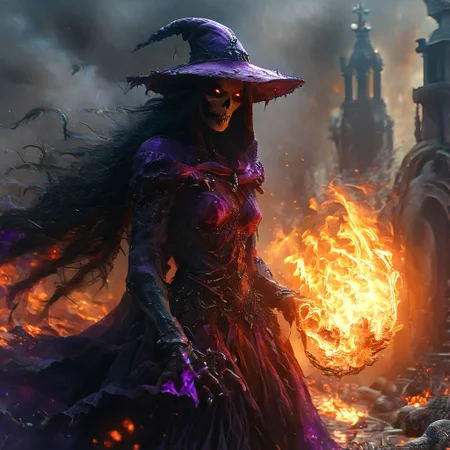 an action shot of a witch fighting a fantasy skeletal monster, purple magic, billowing black robe, necromancer raising skeletons, holding an orb evil magic, graveyard in background, flames, magic, Bosstyle, hkstyle, hkmagic, HD, masterpiece, best quality, hyper detailed, ultra detailed, super realistic
