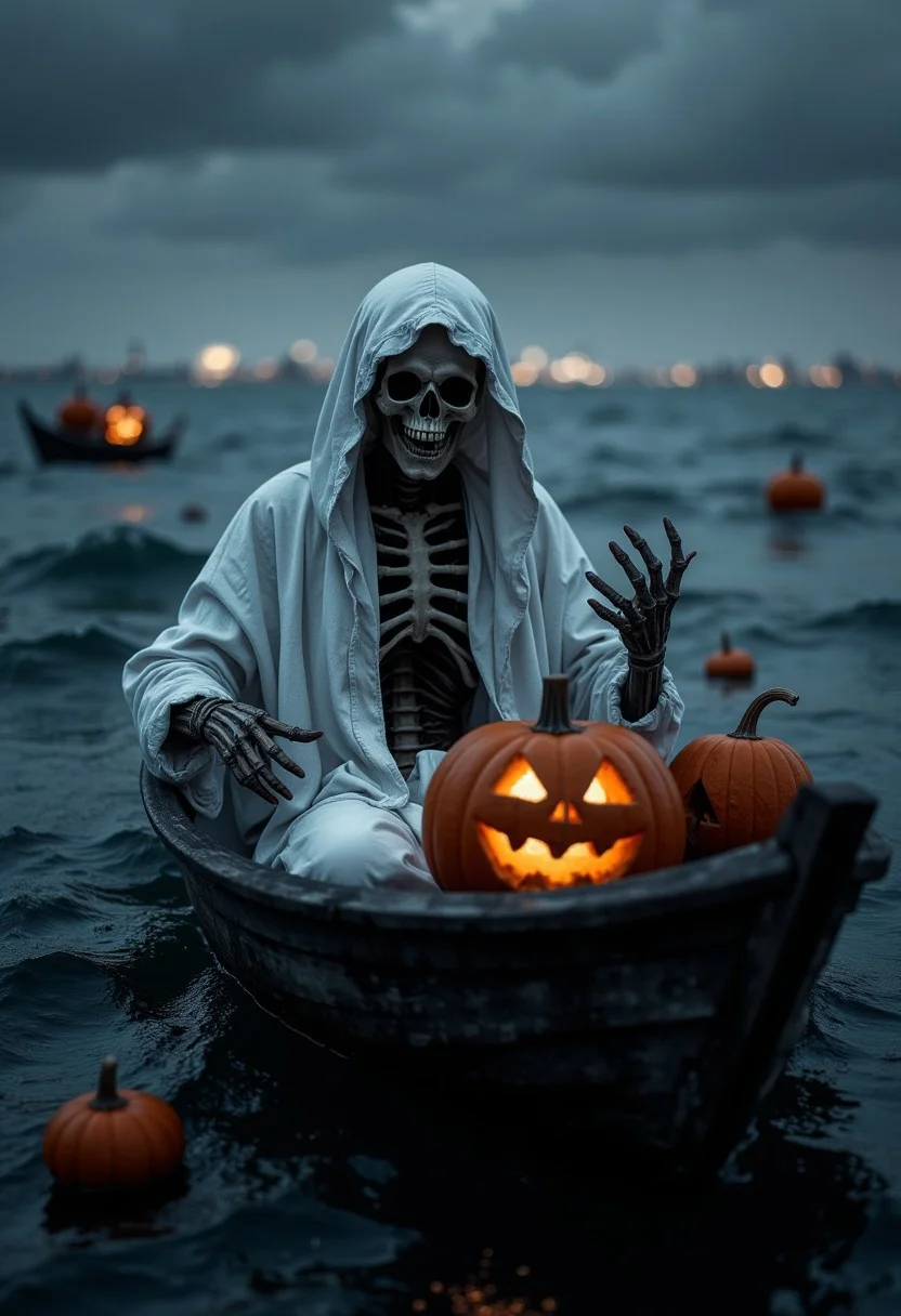 The image depicts a haunting scene of a skeletal figure, presumably the Grim Reaper, seated in a small, wooden boat. The figure is cloaked in a white, hooded robe that blends into the dark, cloudy sky. Its skeletal face, devoid of eyes, is partially obscured by the hood, adding to its ominous appearance. A bony hand reaches out from the robe, gesturing towards the viewer. The boat, crafted from weathered wood, floats on a turbulent sea, illuminated by the eerie glow of several jack-o'-lanterns. One particularly large pumpkin, with a carved, menacing grin, rests in the Reaper's lap. Other smaller pumpkins are scattered around the boat, their flickering lights casting dancing shadows on the water. In the distance, faint lights can be seen on the horizon, perhaps representing otherworldly destinations. The overall atmosphere is one of darkness, mystery, and impending doom. aidmaHalloweenBoost