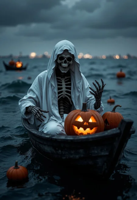 The image depicts a haunting scene of a skeletal figure, presumably the Grim Reaper, seated in a small, wooden boat. The figure is cloaked in a white, hooded robe that blends into the dark, cloudy sky. Its skeletal face, devoid of eyes, is partially obscured by the hood, adding to its ominous appearance. A bony hand reaches out from the robe, gesturing towards the viewer. The boat, crafted from weathered wood, floats on a turbulent sea, illuminated by the eerie glow of several jack-o'-lanterns. One particularly large pumpkin, with a carved, menacing grin, rests in the Reaper's lap. Other smaller pumpkins are scattered around the boat, their flickering lights casting dancing shadows on the water. In the distance, faint lights can be seen on the horizon, perhaps representing otherworldly destinations. The overall atmosphere is one of darkness, mystery, and impending doom. aidmaHalloweenBoost
