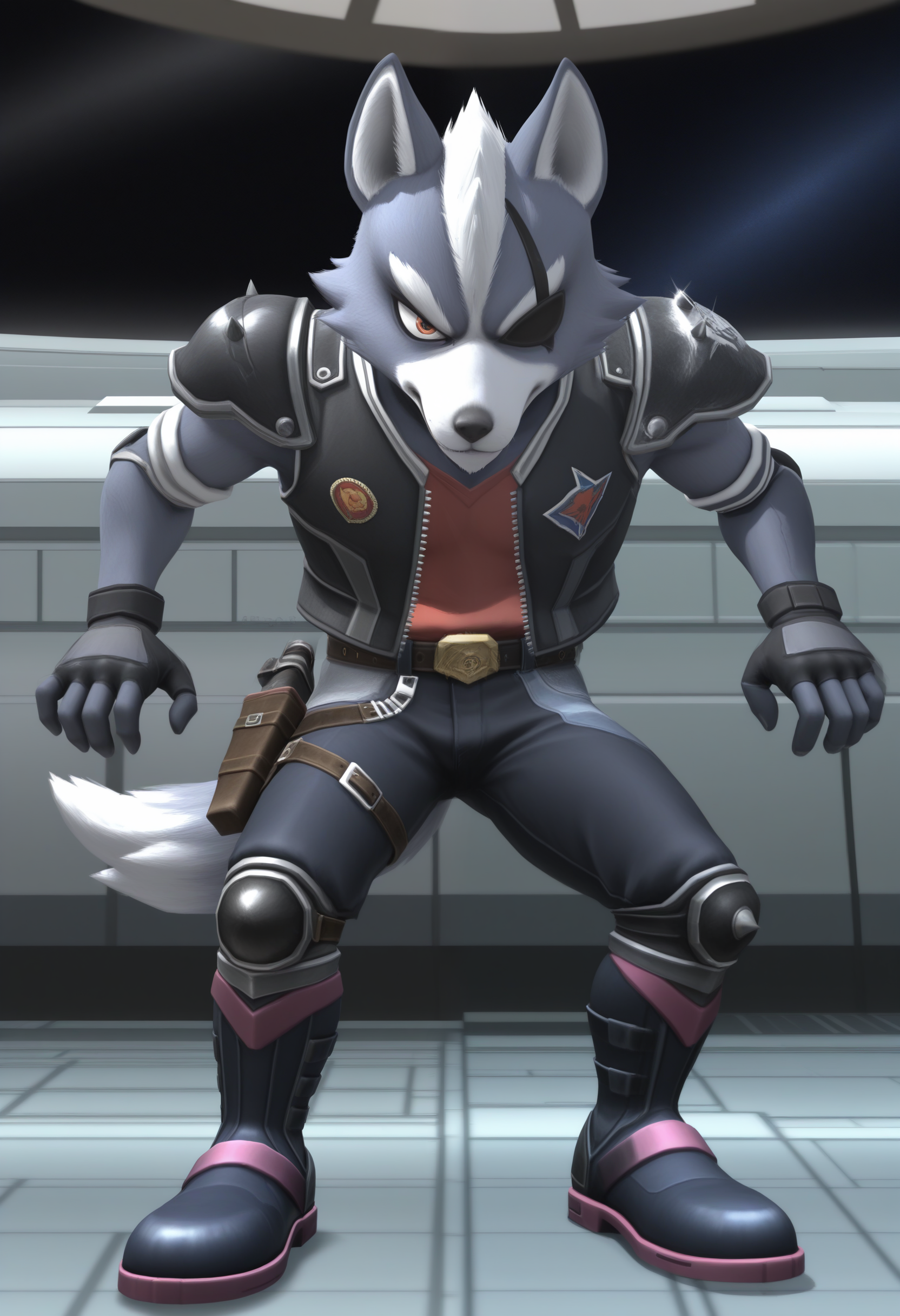 masterpiece,best quality, amazing quality, 1boy, solo, wolfSF, wolf boy, eyepatch, red shirt, 64 black vest, 64 pauldrons, 64 black pants, 64 black boots, 64 gun holster, 64 black fingerless gloves, 64 knee pads

 
space, space ship, 
