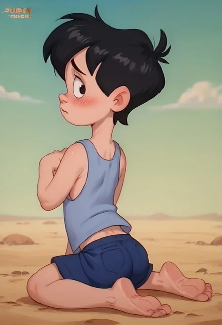 score_9, score_8_up, score_7_up, score_6_up, 1boy, solo, male, Neddiehugson, 1boy, solo,  black hair, short hair, black eyes, thin body, thin face, short stature, cute boy, blushing, shy, tank top, shorts, barefoot, from behind, looking back