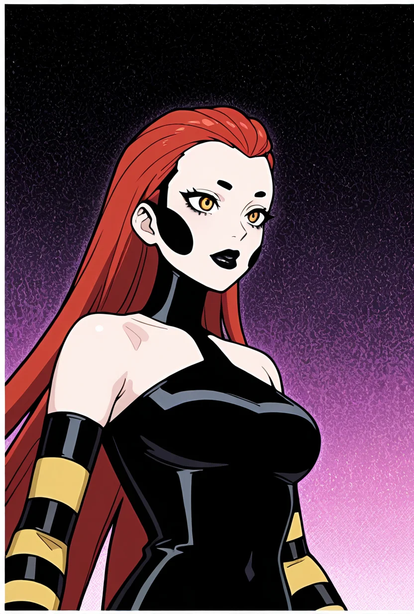 ((cartoon, screencap)) <lora:frightwig:1> frightwig, 1girl, very long hair, red hair, bare shoulders, black lips, striped sleeves, detached sleeves, black bodysuit, masterpiece, best quality, amazing quality, very aesthetic, absurdres, newest,, upper body, halftone effect, white borders, abstract background:1.2,