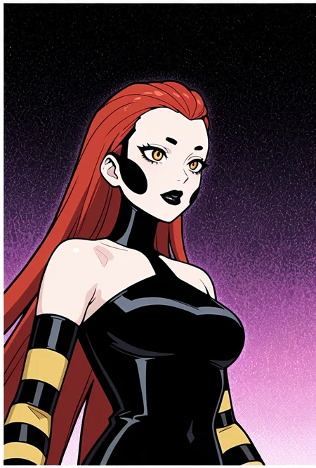 ((cartoon, screencap)) <lora:frightwig:1> frightwig, 1girl, very long hair, red hair, bare shoulders, black lips, striped sleeves, detached sleeves, black bodysuit, masterpiece, best quality, amazing quality, very aesthetic, absurdres, newest,, upper body, halftone effect, white borders, abstract background:1.2,
