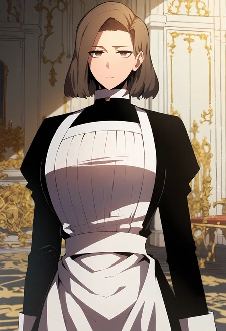 score_9, score_8_up, score_7_up, score_6_up, source_anime, rating_explicit, 1girl, solo, huge breasts, <lora:Gilly Mcrolan prefectPonyxl:0.9> brown hair, medium hair, brown eyes, jem, black dress, white apron, maid apron, long sleeves, puffy sleeves, juliet sleeves, expressionless, mansion, indoors, looking at viewer