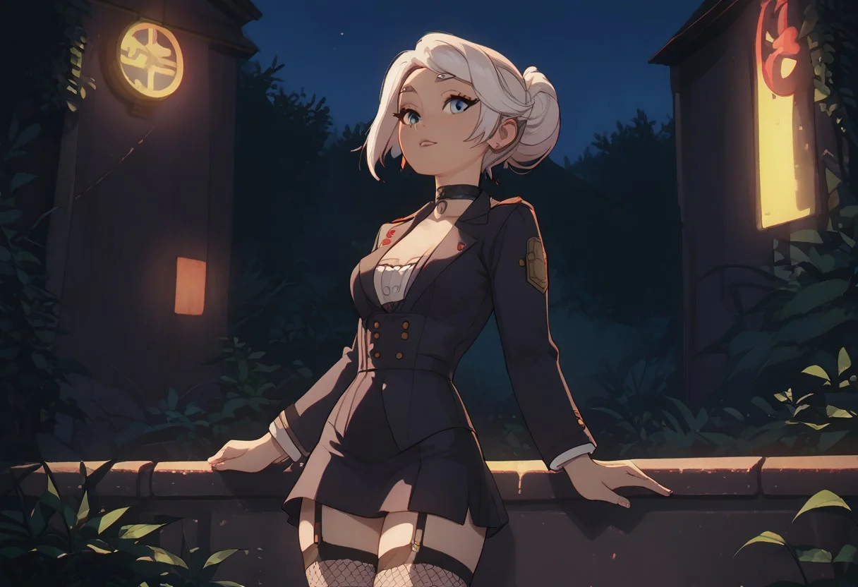 score_9, score_8_up, score_7_up, masterpiece, best quality, expressive, frieren, cute, perfect waist, posing, cowboy shot, short skirt, fishnet stockings, garter belt, choker, tight blazer, solo, white hair, perfect face, dark neon night, warm light, outside
