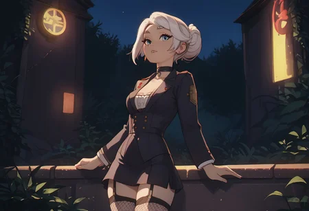 score_9, score_8_up, score_7_up, masterpiece, best quality, expressive, frieren, cute, perfect waist, posing, cowboy shot, short skirt, fishnet stockings, garter belt, choker, tight blazer, solo, white hair, perfect face, dark neon night, warm light, outside
