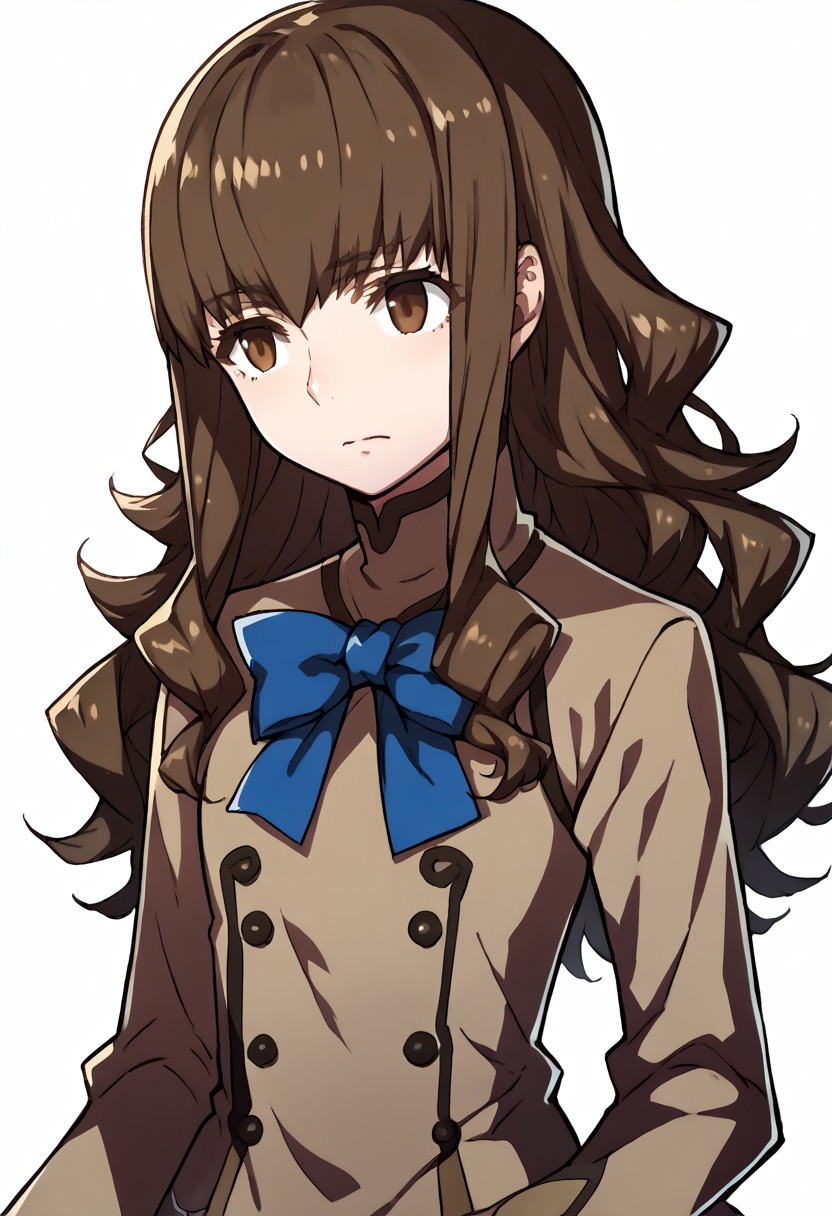score_9, score_8_up, score_7_up, source_anime BREAK solo, 1girl, fatesportraits, portraits, upper body, white background, hakuno kishinami, brown eyes, brown hair, long hair, bangs brown blazer, long sleeves, blue bowtie, brown skirt, pleated skirt, black pantyhose, brown shoes, black turtleneck