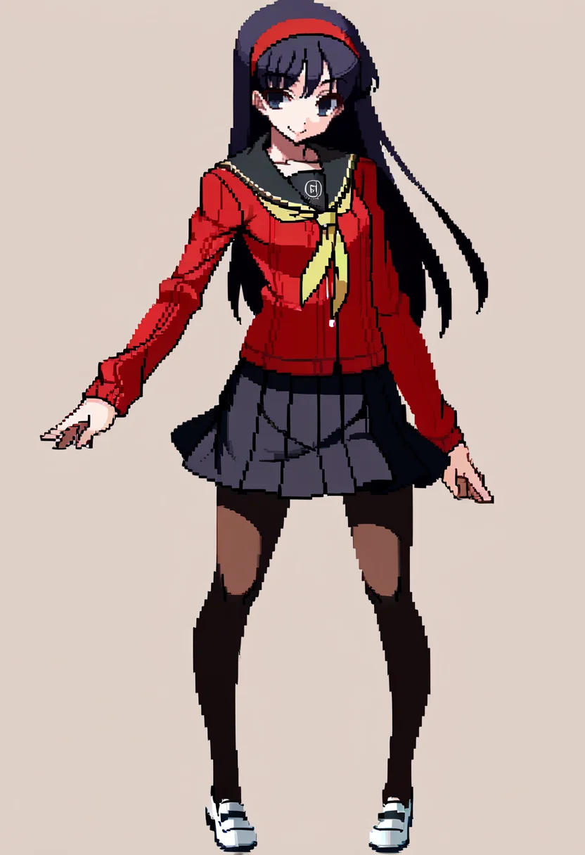 score_9, score_8_up, score_7_up, source_anime, BREAK, solo, 1girl, smile, looking at viewer,  <lora:Under-Night-In-Birth-SpritesV2-pdxl_Fp:1>, simple background, full body, standing,   <lora:persona4_amagi_ponyXL:1>, yukikodef, red hairband, school uniform, red sweater, red cardigan, black sailor collar, yellow neckerchief, long sleeves, black skirt, black pantyhose