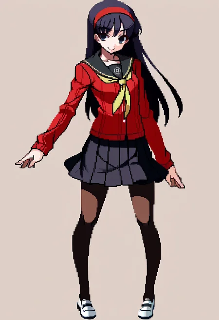 score_9, score_8_up, score_7_up, source_anime, BREAK, solo, 1girl, smile, looking at viewer, <lora:Under-Night-In-Birth-SpritesV2-pdxl_Fp:1>, simple background, full body, standing, <lora:persona4_amagi_ponyXL:1>, yukikodef, red hairband, school uniform, red sweater, red cardigan, black sailor collar, yellow neckerchief, long sleeves, black skirt, black pantyhose