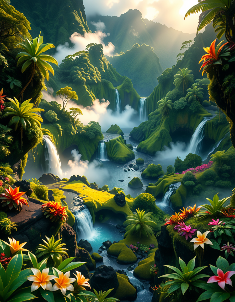 A breathtaking view of an ancient, dormant volcano now transformed into a lush, vibrant natural sanctuary. The crater is filled with dense tropical forests, colorful exotic flowers, cascading waterfalls, and mist swirling gently in the morning light. Vines and moss cover the dark volcanic rocks, and small streams wind down the slopes. while rays of sunlight pierce through the dense canopy, creating sparkling reflections on the water. The atmosphere feels peaceful, enchanted, and untouched by humans. The scene is depicted in an ultra-detailed, hyper-realistic style, with warm, soft lighting and rich, saturated colors that enhance the magical and serene mood of the landscape.
<lora:SDXLFaeTastic2400:0.4> <lora:extremely_detailed:0.4> extremely detailed, <lora:dormant_v0lc4n0:1>,dormant v0lc4n0, Masterpiece,best quality,hi res,8k,hi res,8k,award winning,(sharp focus, intricate, highly detailed),