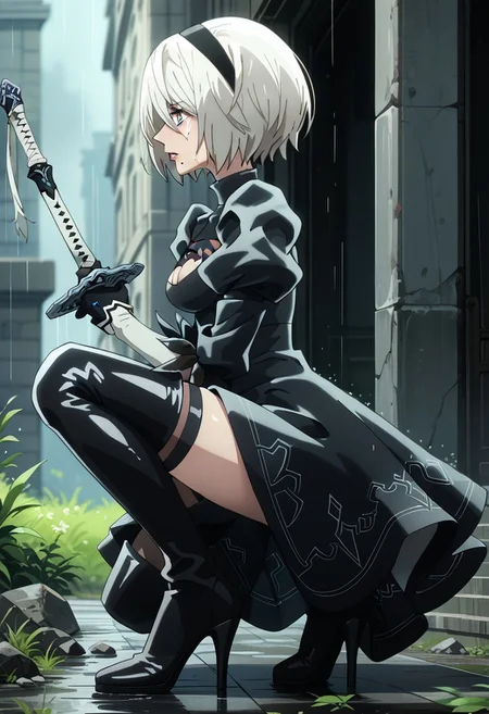 score_9,score_8_up,score_7_up,source_anime, YORHA_NO.2_TYPE_B,1girl,solo,breasts,short hair,blue eyes,long sleeves,gloves,dress,thighhighs,holding,medium breasts,full body,white hair,weapon,outdoors,hairband,parted lips,boots,black gloves,puffy sleeves,black thighhighs,sword,tears,black footwear,holding weapon,black dress,from side,high heels,grey eyes,clothing cutout,profile,holding sword,thigh boots,black hairband,crying,katana,juliet sleeves,high heel boots,rain,on one knee,thighhighs under boots,feather trim,feather-trimmed sleeves,no blindfold,