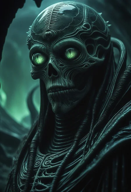 scene in a H.R.Giger world ,on a planet, misty,blurry, slimy,shiny, close-up shot, dark, horror, warlock, glowing eyes,