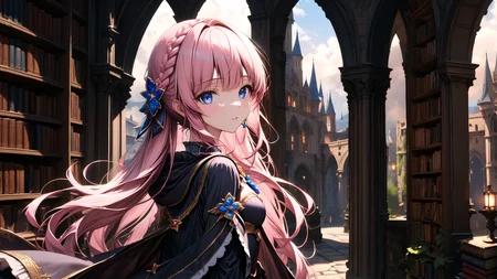 upper_body,from_side,<lora:hakaseayaka-base-02-XL:0.6>,hakaseayaka,braided hair,bangs,high detailed,ultra-detailed,a magical girl wearing a red and black robe,with pink long hair and blue eyes,searching for books inside a vast,dark,ancient castle library,8k,towering bookshelves filled with old,dusty tomes,dim candlelight casting flickering shadows,glowing magical runes floating in the air,mysterious mist creeping along the stone floor,gothic arches,enchanted atmosphere,focused expression,scattered ancient scrolls,faint glimmers of light reflecting off metallic book spinesCinematic Lighting,((masterpiece)),((best quality)),absurdres,<lora:detailed_notrigger:1>,<lora:xl_more_art-full_v1:0.8>,