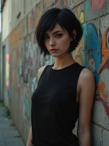 beautiful 25yr old goth with short black hair outside by a wall with colorful graffiti, wearing a loose black top showing sideboob