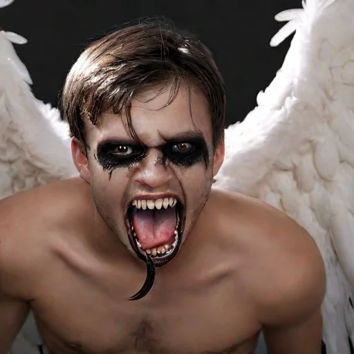 fallen angel, wings, open mouth, teeth, solo, no humans, black wings, feathers, feathered wings, black eyes, horror (theme), tongue, sharp teeth, male focus, laughing, big teeth, large teeth, sharp edges, realistic