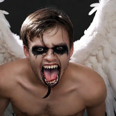 fallen angel, wings, open mouth, teeth, solo, no humans, black wings, feathers, feathered wings, black eyes, horror (theme), tongue, sharp teeth, male focus, laughing, big teeth, large teeth, sharp edges, realistic